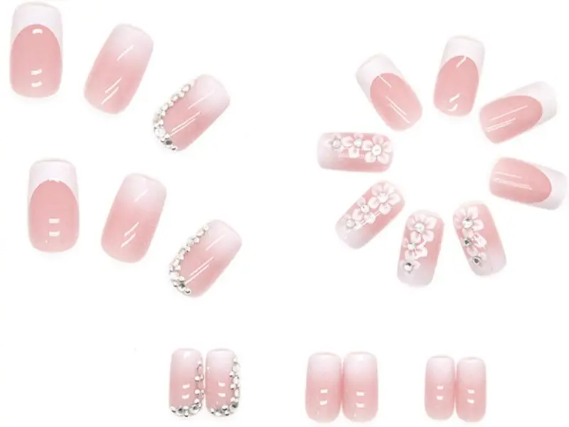24pcs French False Nails White Tip Square Stick on Nails Flower Press on Nails with Rhinestones Removable Glue-on Nails Fake Nails Women Girls Nail Art Accessories, 1 ml 4