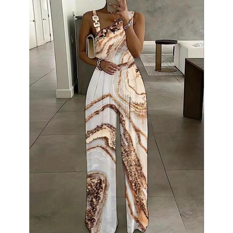 Women's Floral Print Ring Linked Asymmetrical Neck Plicated Jumpsuit, Boho Casual High Waist Wide Leg Jumpsuit for Summer, Summer Clothes 3