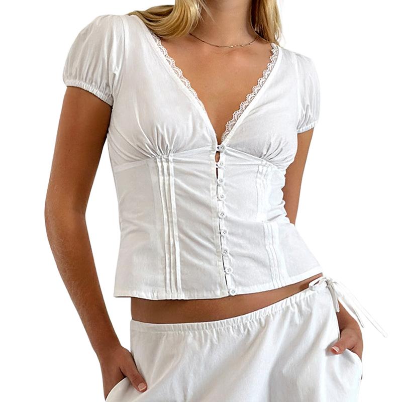 Women's Summer Solid Color Casual Shirt Short Sleeve Deep V Neck Lace Trim Buton Up Party Sweet Crop Tops Womenswear Blouse 8