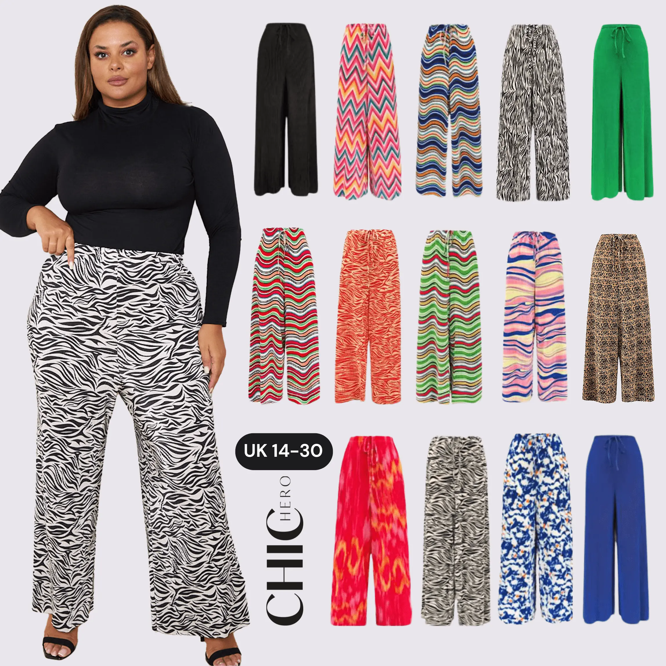 ChicHero Multi Print Elastic Waist Pleated Fashion Trousers