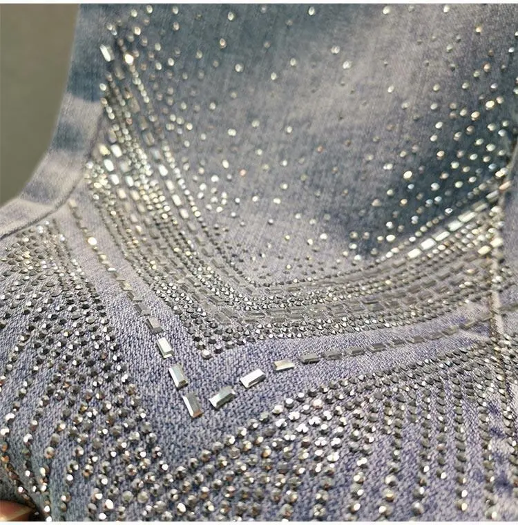 European Station Heavy Industry Rhinestone Skinny Jeans for Women  Spring New Casual High Waist Slimming Cropped Pants ae  jeans  holes 7