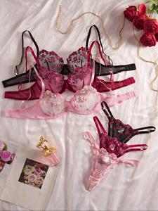 Women's Floral Embroidery Sheer Lace Bra & Thong Set, Sexy Adjustable Strap Backless Bra & Panty Set, Lingerie Matching Set for Women