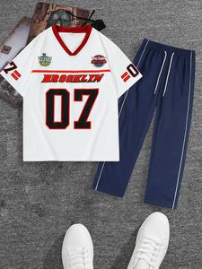 Men's Letter & Figure Print Short Sleeve Tee & Pants Two-piece Set, Loose Casual Round Neck T-shirt & Trousers for Summer, Men's Clothes for Daily Wear