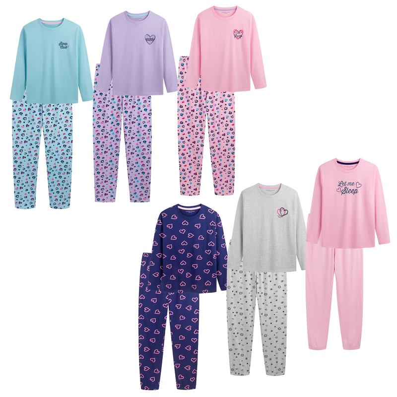 Girls Long Sleeve Pyjamas Set 3 Pack 100% Cotton Matching Top & Bottom ...