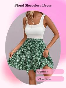 Women's Ditsy Floral Print Tank Fitted Dress, Casual Sleeveless A Line Dress for Summer Beach Holiday Vacation, Ladies Clothes for All Seasons, Bohemian Womenswear, Boho Clothes Women, Sleeveless Sundress, Feminine Stretchy Casual Dresses