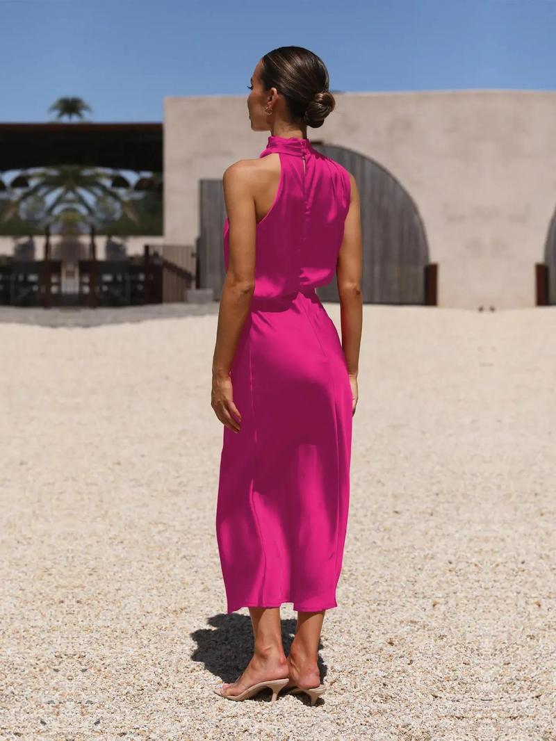 Product Introduction of 2025 Spring/Summer Long Dress for Women High Waist Halter Satin Sleeveless Dress Fashion Elegant Solid Evening Party Dresses 8