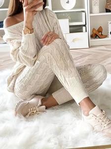 Women's Solid Sweater & Pants Set, Casual Fashion Cozy Top & Trousers for Fall, 2 Piece Sets Women, Women's Fall Knitwear Outfits, Sweater Sets, Sweater Co-ords