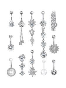 Women's Summer Elegant Rhinestone & Flower Cubic Zirconia Decor Chain Belly Button Rings, Trendy Belly Pierced Jewelry, Fashion Body Jewelry for Crop Top Decor, Christmas Gifts for Girlfriend Piercing Kits, High Quality Jewelry