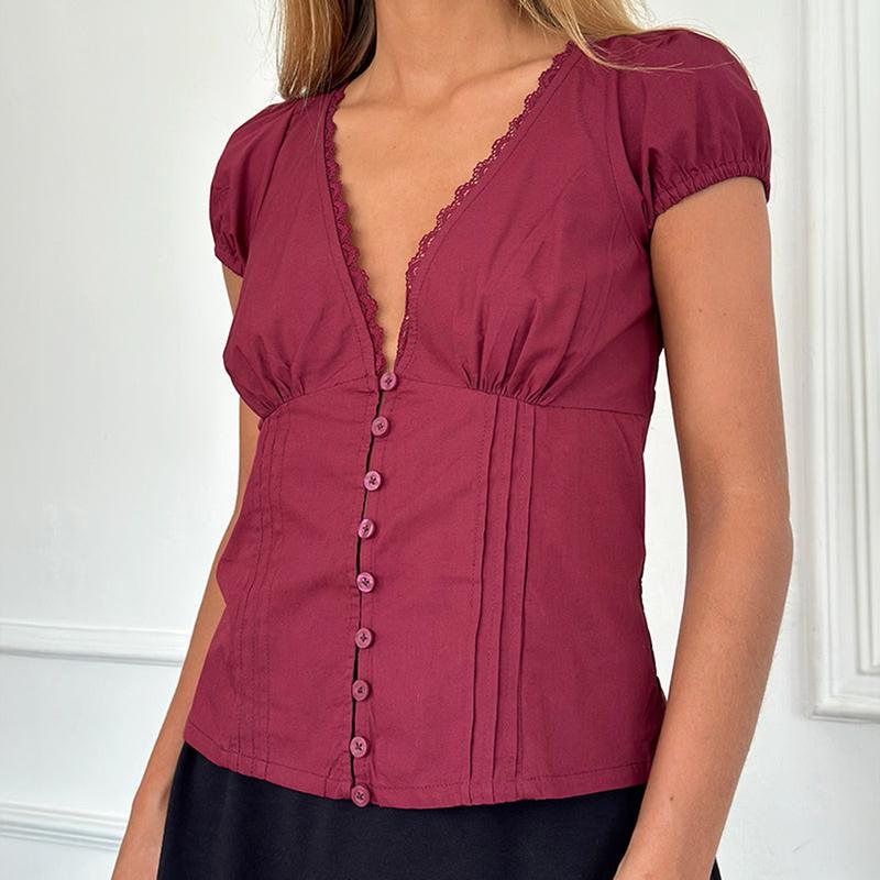 Women's Summer Solid Color Casual Shirt Short Sleeve Deep V Neck Lace Trim Buton Up Party Sweet Crop Tops Womenswear Blouse 1