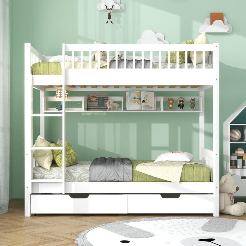 3FT Solid Pine Wood Bunk Bed with Under Bed Slide Drawer Storage and Shelf, White (90x190cm) - Kids Children 6