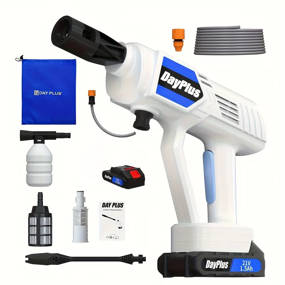 Cordless Pressure Cleaner, 2 Batteries, Portable Pressure Washer, Lightweight Cordless Jet Wash Car Washer with 1.5Ah Battery Foam Generator Nozzle Water Pump 5m Hose, for Car Fence Floor Garden Cleaning