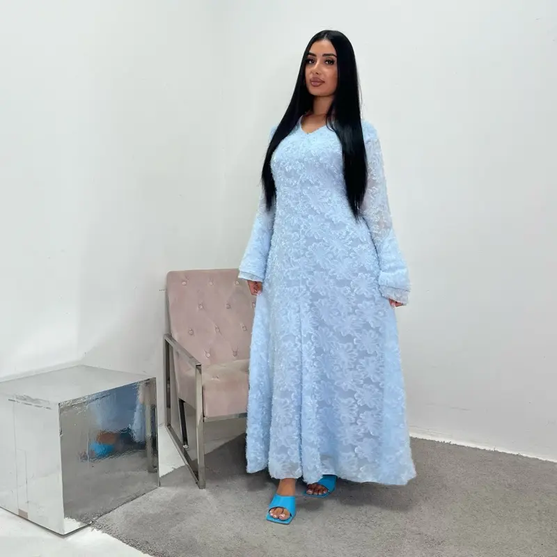 Ladies modest lined summer v neck flare sleeve tie back dress uk onesize 6-12 length 140cm 2