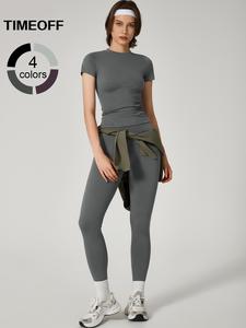 TimeOFF Two-piece Set Women's Seamless High Elastic Soft and Comfortable Breathable Round Neck Waist Printed Label Short Sleeve High Waist Shaping Trousers Yoga Clothing suit Outdoor Running and Cycling Fashion suit Gym Sports Training All-match Short-sle