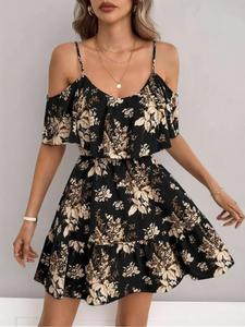 Women's Floral Print Cold Shoulder Ruffle A Line Dress, Boho Flounce Sleeve Short Dress for Beach Holiday Vacation, Ladies Summer Clothes, Bohemian Womenswear, Casual Wear