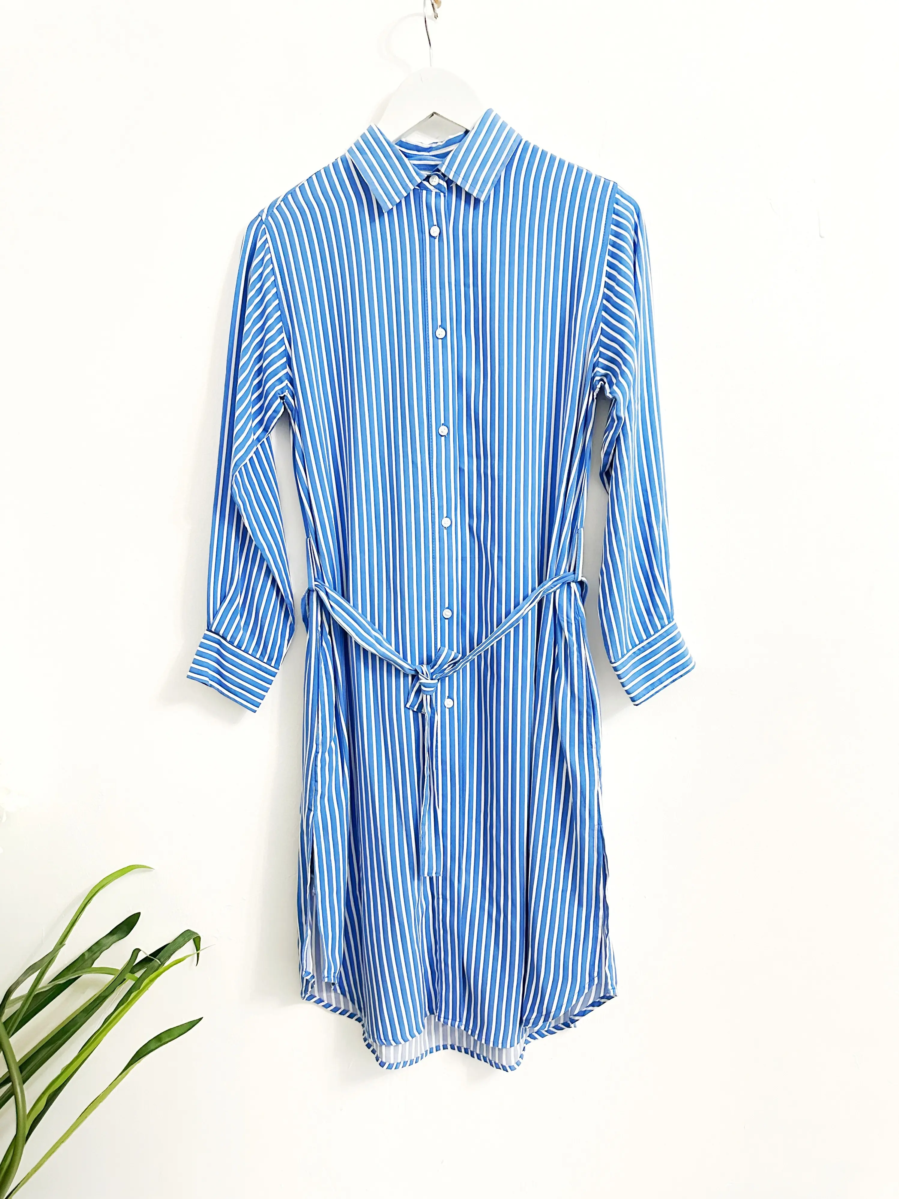 Viscose Striped Cotton Shirt Dress Belted Longline Comfort Holiday Long Sleeved Midi 8 - 16