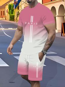 Men's Regular Fit Gradient Print Tee & Shorts Two-Piece Set, Crew Neck Short Sleeve T-Shirt & Track Shorts, Casual Top & Bottoms for Summer Outdoor