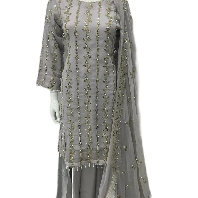 Hania pearl suit with silk sharara Silver/Grey