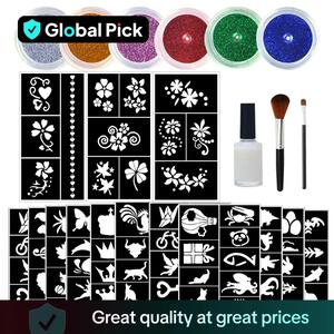 Temporary Glitter Tattoo Kit, 6 Counts Multicolor Glitter Tattoos for Body Art Painting Shimmering Body Glitter & 14 Sheets Unique Templates Stencils & 1 Glue & 2 Brushes, Multicolor Glitter Makeup Body Art Painting Tool for Women & Girls, Glitter Beauty
