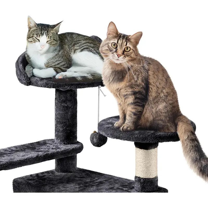 Cat Tree, 144.5cm Multilevel Cat Climbing Tower w/ 2 luxury Condos, Basket Cat Bed,3 Scratching Posts & Ladder for Indoor Cats, Black 3