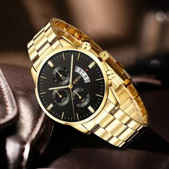 Men Quartz Watches, Men's fashion luxury casual watch,waterproof Quartz wristwatch for men gold strap 1