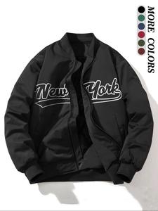 Men's Letter Print Drop Shoulder Zip Up Jacket, Casual Regular Fit Pocket Funnel Neck Jacket for Daily Wear, Fashion Men's Clothing for All Seasons