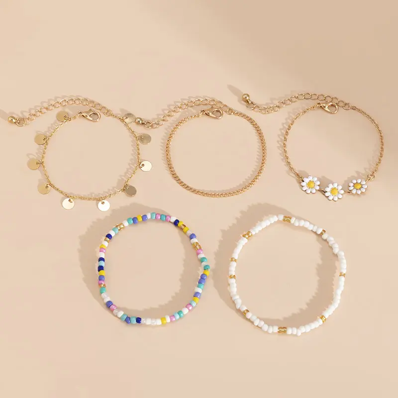 5Pcs Beaded Flower Chain Bracelet Set - 2025 Spring Summer Trendy Boho Jewelry for Women | Y2K Dainty Stackable Wrist Candy | Gold Silver Minimalist Handmade Accessories 5