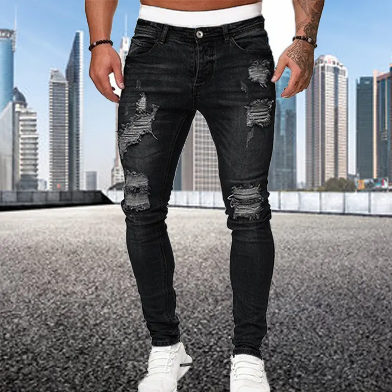 Fashion Street Style Ripped Skinny Jeans Men Vintage wash Solid Denim Trouser Mens Casual Slim fit pencil denim Pants hot sale Menswear Streetwear Pocket Beige 3