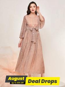 Women's Glitter Sequin Belted A Line Dress, Regular Fit  Elegant 3/4 Sleeve Round Neck Long Dress for Party Holiday Wedding Guest, Ladies Spring & Fall Clothes