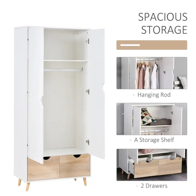 2-Door Wardrobe with Hanger Rail and 2 Underneath Drawers - White / Pine Wood 5