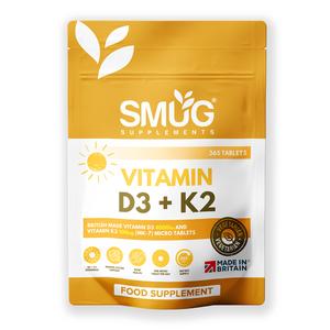 SMUG Supplements Vitamin D3 4000iu & K2 100ug (MK-7) - 120 Vegetarian Tablets - Immune System Support - Maintain Healthy Bones - For Men and Women - Made in Britain Optimum