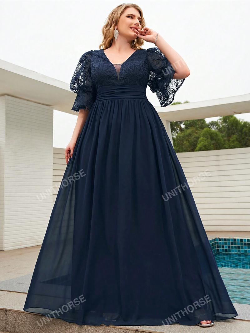 Product Introduction of Gown Floral Waist Lantern Neck V - Sleeve Pleated Embroidery Chiffon Spliced Ball Dress 29