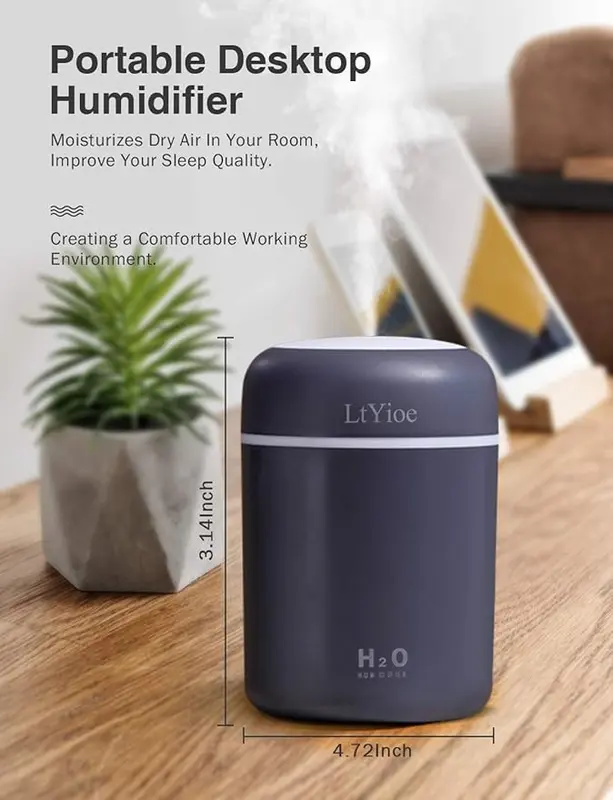 Humidifier Portable Mini Humidifiers for Bedroom, Personal Desktop Air Humidifier with Colorful Cycling Light, 2 Mist Modes and Auto Shut-Off, Super Quite for Office Home Car(Navy Black) 4