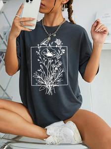 Women's Floral Print Round Neck Tee, Fashion Casual Crew Neck T-shirt for Daily Holiday Vacation Outdoor Wear, Ladies Clothes for Summer, Graphic Print Top, Tops for Women, Womenswear, Tshirt, Streetwear Women, Casual Style Tee