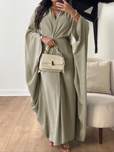 Women's Long Dress Simple Elegant Satin Knotted Bat-sleeve Loose Robe, Modest