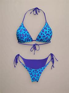 Women's Leopard Print Bikini Set, Casual Removable Pads Halter Triangle Swim Bra & Tide Side Swim Thong, Bikini Sets, Swimsuit for Women, Swimming, Bikinis Sets, Bathing Suits, Halter Neck Bikini, Tie Side Bikini