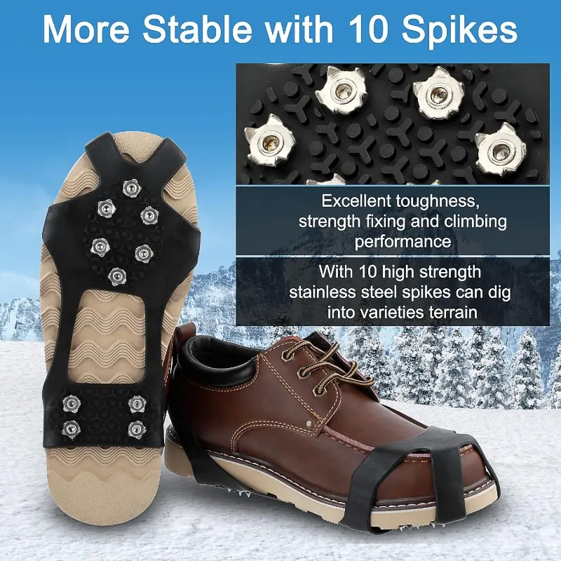 Crampons Ice Cleats for Shoes and Boots, Traction Cleats Ice Snow Grips with 10 Stainless Steel Spikes, Winter Outdoor Anti-Slip Crampon for Walking, Fishing, Climbing and Hiking 1