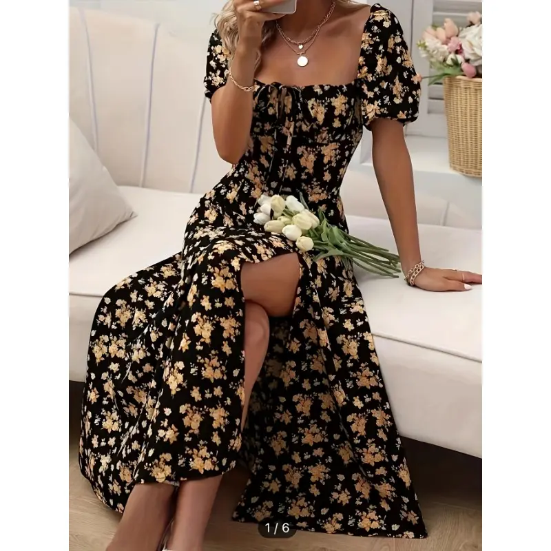 Floral Print Puff Sleeve Dress, Chic Split Hem A-line Dress For Spring & Summer, Women's Clothing Casual Womenswear Comfort Bohemian Boho Fitted Multicolor Shortsleeve Formal 0