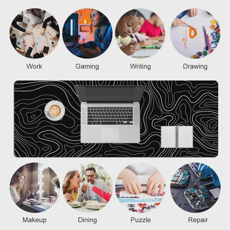 1Pcs Gaming Mouse Pad Large Keyboard Pad 31.5 x 11.8in Topographic Mouse Pad Black and White Mouse Pad for Keyboard with Anti-Sl 3
