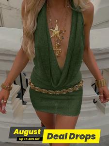 Women's Solid Backless Cowl Neck Knit Cover Up Dress, Casual Tie Back Sleeveless Backless Short Dress for Beach Holiday Vacation, Ladies Clothes for All Seasons, Cute Swimwear Cover Up, All Seasons Clothing, Beach Outdoor Wear