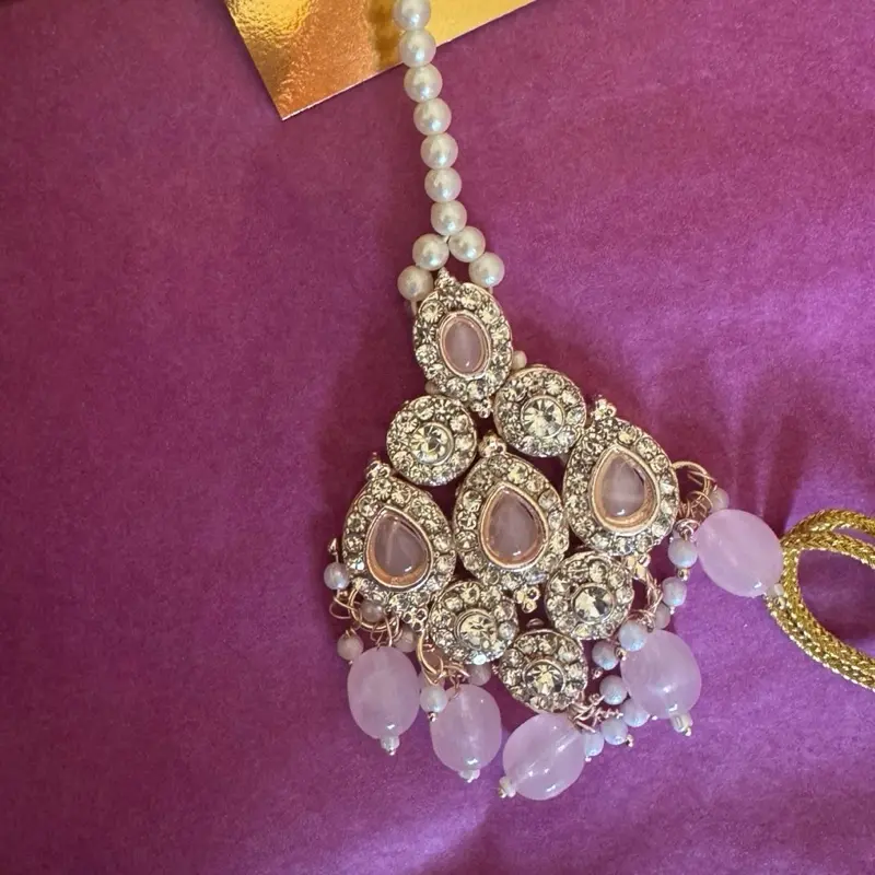 Crystal and Nude Pink 3 piece Indian Pakistani Jewellery Set 1