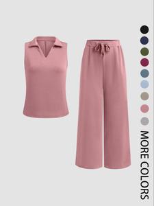 Women's Solid Color Tank Top & Wide Leg Pants Two-piece Set, Casual Sleeveless Top & Drawstring Waist Pants for Daily Wear, Ladies Two-piece Outfits for All Seasons, Casual Lounge Set, Summer Outfits Set