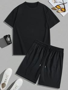 Two-Piece Set Men's Solid Short Sleeve Tee & Drawstring Waist Shorts Set, Loose Casual Round Neck T-shirt & Track Shorts, Summer Clothes Set for Men