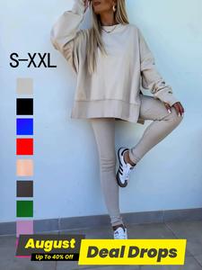 Women's Solid Sweatshirt & Skinny Pants Two-piece Set, Casual Fashion Cozy Round Neck Long Sleeve Pullover & Trousers Outfit for Daily Outdoor Wear, Ladies Spring & Fall Clothes