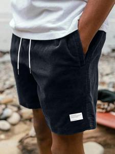Men's Letter Patched Drawstring Waist Corduroy Shorts,  Casual Pocket Design Shorts for Fall & Winter, Men's Bottoms for Daily Wear