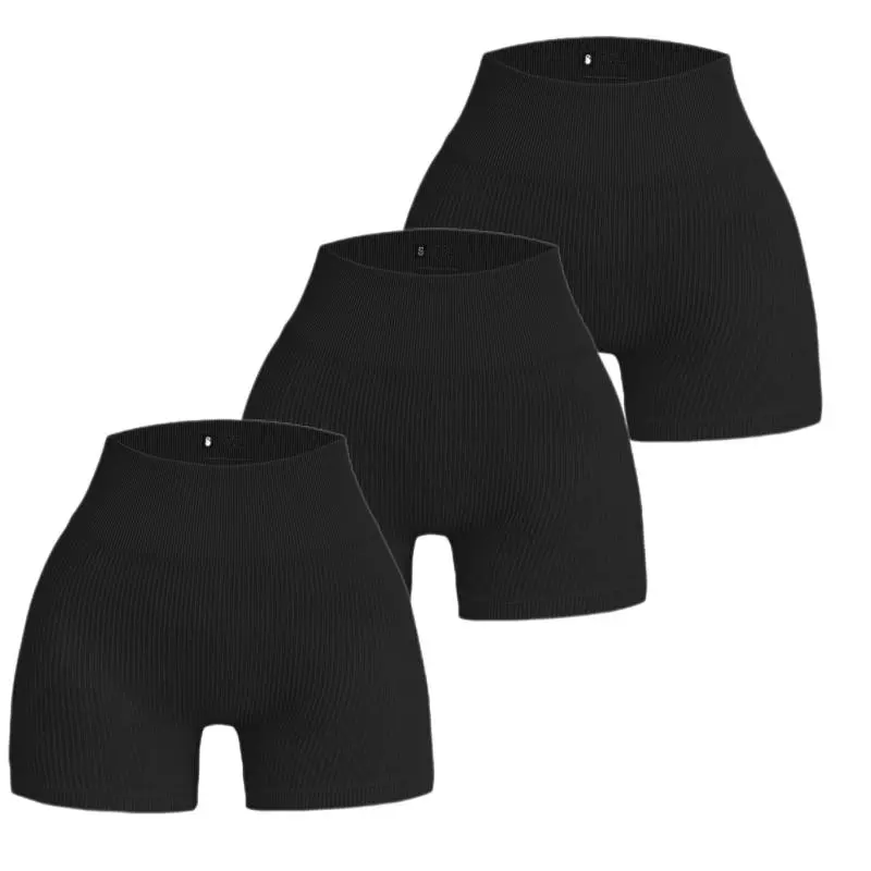 2pcs Solid Color Ribbed Yoga Shorts, High Waist Stretchy Running Fitness Sports Shorts, Women's Activewear