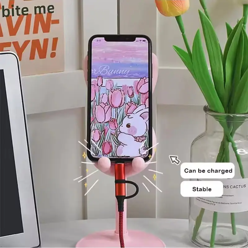 Pink Phone Holder Desktop Cell Phone Stand For iPhone 13 14 Samsung Smartphone Adjustable Lovely Rabbit Cartoon Table Support 3