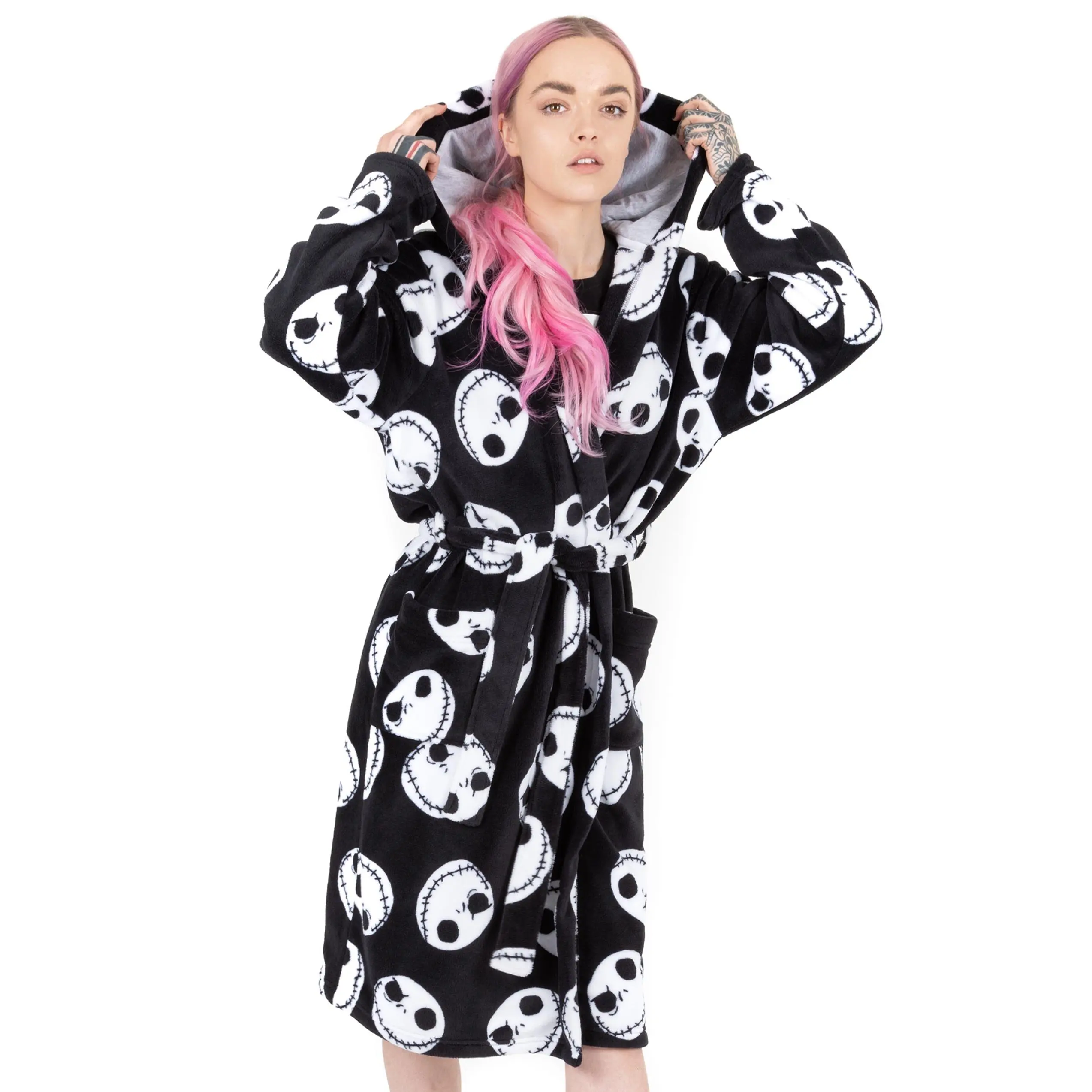 Vanilla Underground x Disney Womens Black Jack Skellington Head All-Over Print Bathrobe