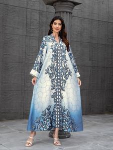 Women's All Over Print Faux Pearl Decor Dress, Elegant Long Sleeve Long Dress for Party Holiday Wedding Guest, Ladies Clothes for All Seasons