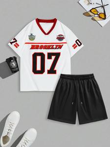 Men's Letter & Number Print Short Sleeve Tee & Drawstring Waist Shorts Set, Loose Casual V Neck T-shirt & Track Shorts, Summer Clothes Set for Men