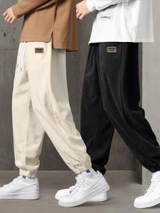 Men's Letter Patched Corduroy Pants, Casual Comfy Loose Trousers for Fall & Winter, Men's Bottoms for Daily Wear